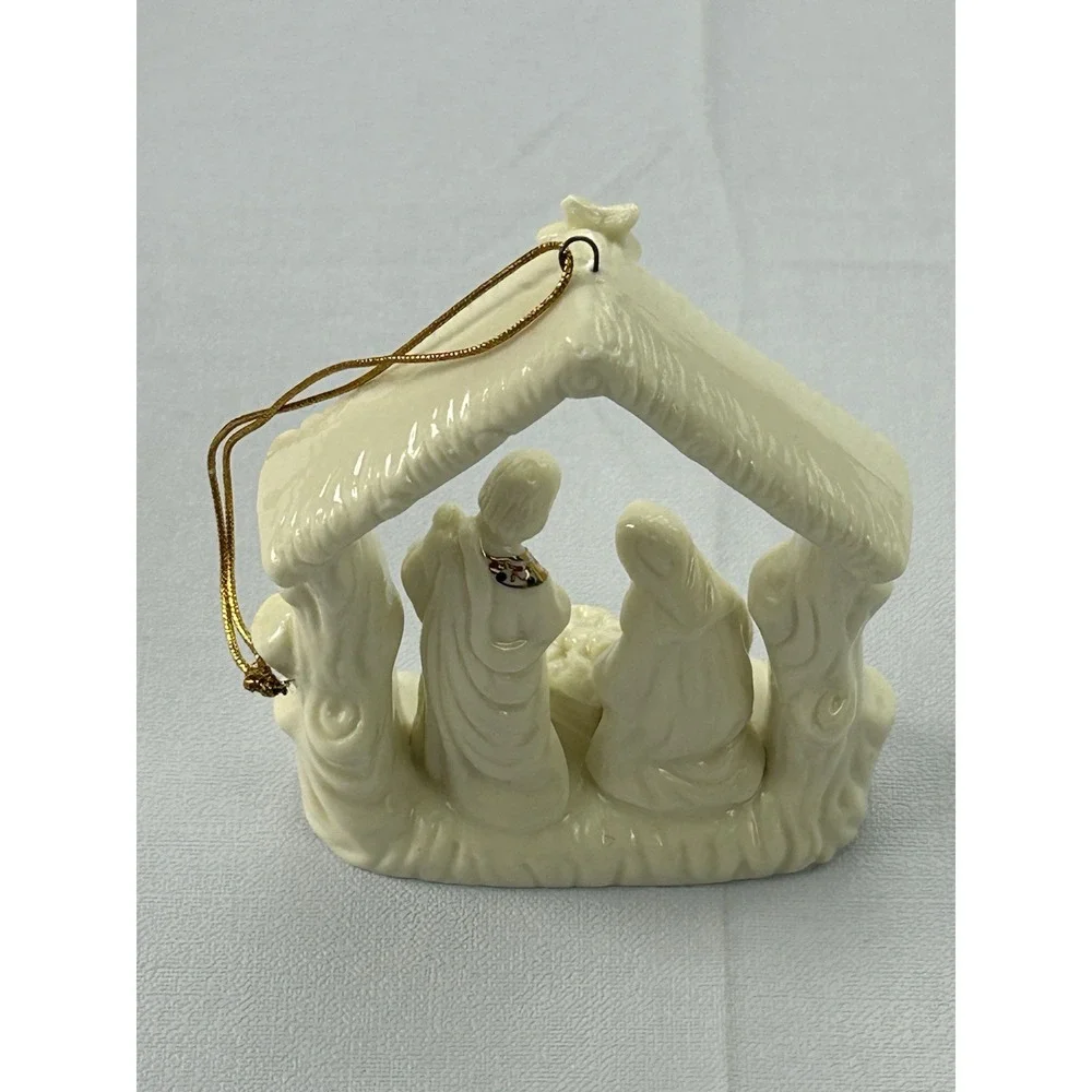 Ceramic Nativity Ornament Holy Family Manger Ivory Gold Christmas 4.5